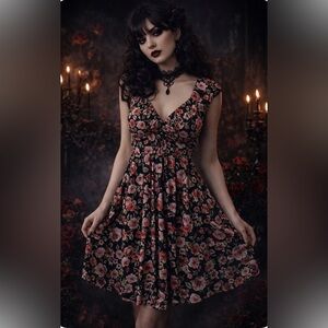 Vintage Y2K Milkmaid Dark Floral Dress Size 12P Dainty Bloomcore Fairy Grunge